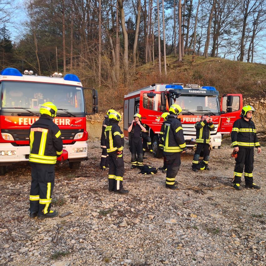 Feuerwehrleute stehen um Feuerwehrfahrzeuge in einem Feld. Mit Helmen, scheinen sie bereit für den Einsatz zu sein. Bäume säumen den Hintergrund und deuten auf einen bewaldeten Bereich hin.