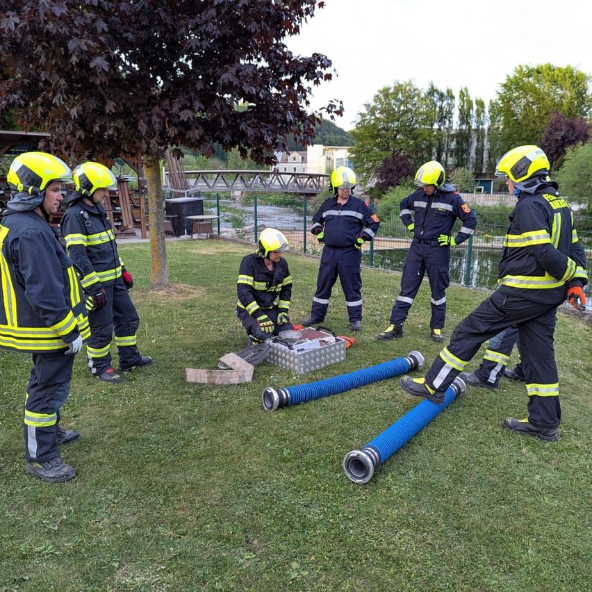 Eine Gruppe von Feuerwehrleuten trainiert auf einem Rasen, einer kniet und arbeitet an etwas, während die anderen beobachten.