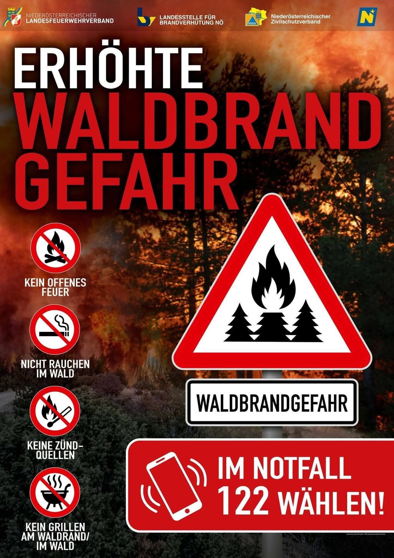 Ein Plakat mit einem Warnzeichen für Waldbrandgefahr. Das Schild hat ein Feuersymbol und den Text 'WALDBRANDGEFAHR'. Es gibt Symbole mit Verboten wie kein offenes Feuer, kein Rauchen und keine Zündquellen. Der Hintergrund zeigt einen Wald bei Sonnenuntergang.