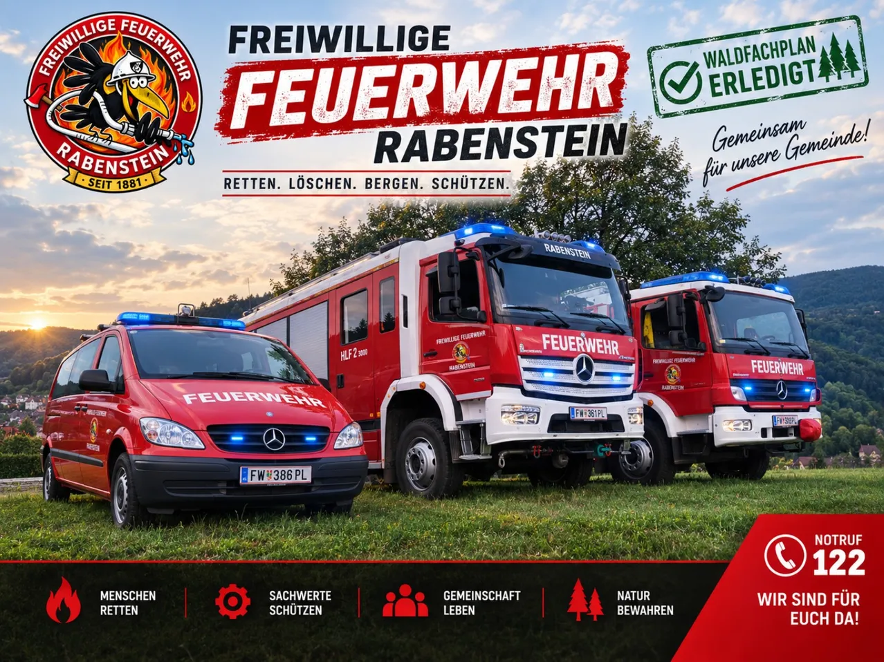 Werbeplakat für die Freiwillige Feuerwehr Rabenstein mit drei roten Feuerwehrfahrzeugen und einem Van auf einem Rasenfeld vor einem Sonnenuntergang. Der Text lautet 'Freiwillige Feuerwehr Rabenstein' und 'Rettung. Löschen. Bergen. Schützen.'