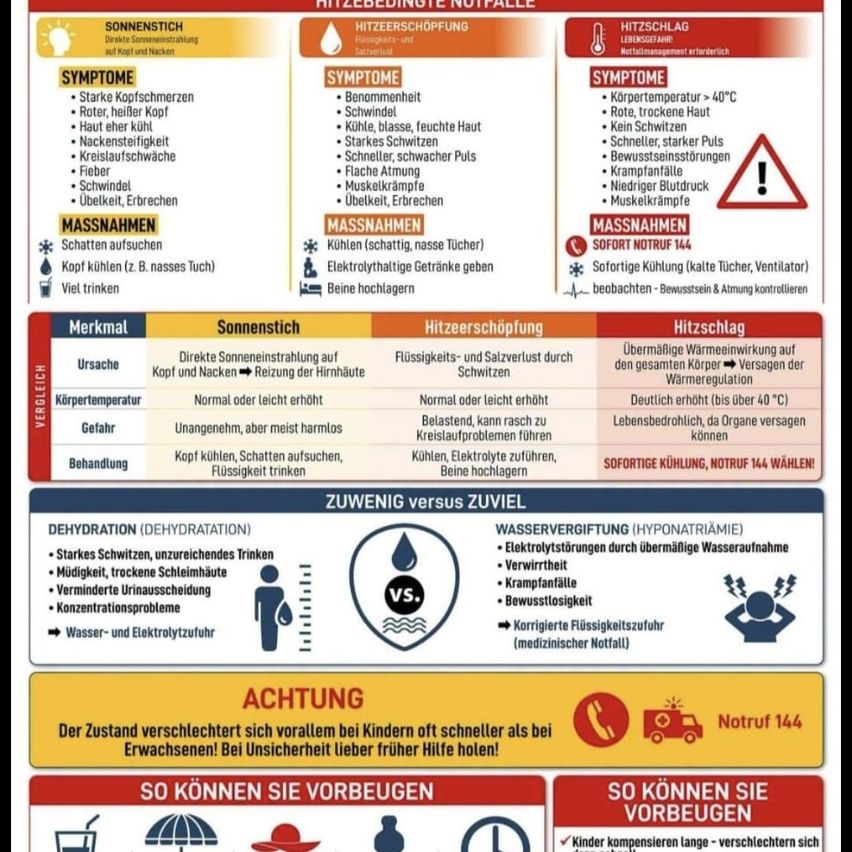 Das Bild bietet Informationen über Sonnenstich, Hitzeerschöpfung und Hitzschlag. Es listet Symptome, sofortige Maßnahmen und Präventionsmaßnahmen für jede Bedingung auf. Sonnenstichsymptome umfassen Kopfschmerzen, Schwindel und Muskelkrämpfe. Sofortige Maßnahmen umfassen Trinken von Wasser und Abkühlen. Hitzeerschöpfungssymptome umfassen Müdigkeit, Übelkeit und Muskelschwäche. Sofortige Maßnahmen umfassen Trinken von Wasser und Abkühlen. Hitzschlagsymptome umfassen hohe Körpertemperatur, Verwirrung und Bewusstlosigkeit. Sofortige Maßnahmen umfassen das Anrufen von Rettungsdiensten.