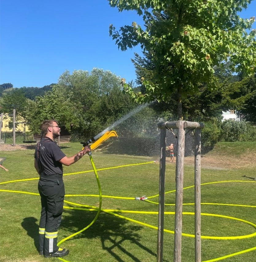 Ein Mann in schwarzer Uniform sprüht Wasser aus einem Schlauch auf einen Baum in einem Park.