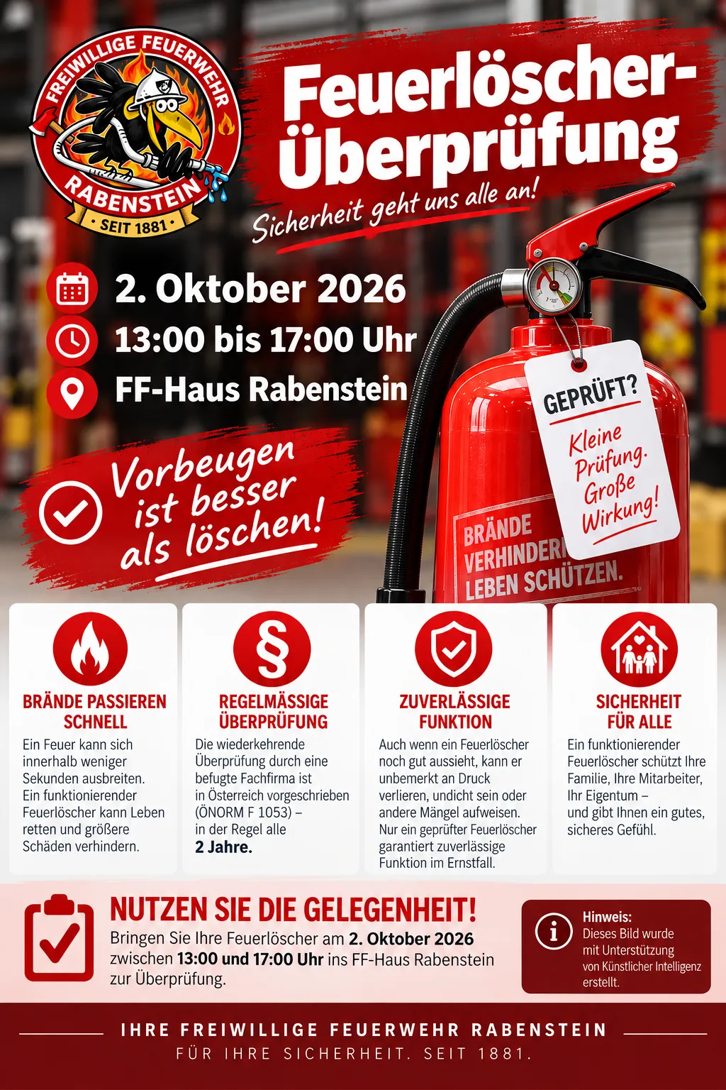 Plakat für eine Brandschutzveranstaltung im FF-Haus Rabenstein am 2. Oktober 2026 von 13:00 bis 17:00 Uhr. Es zeigt einen Feuerlöscher und betont die Bedeutung regelmäßiger Feuerlöscher-Überprüfungen.