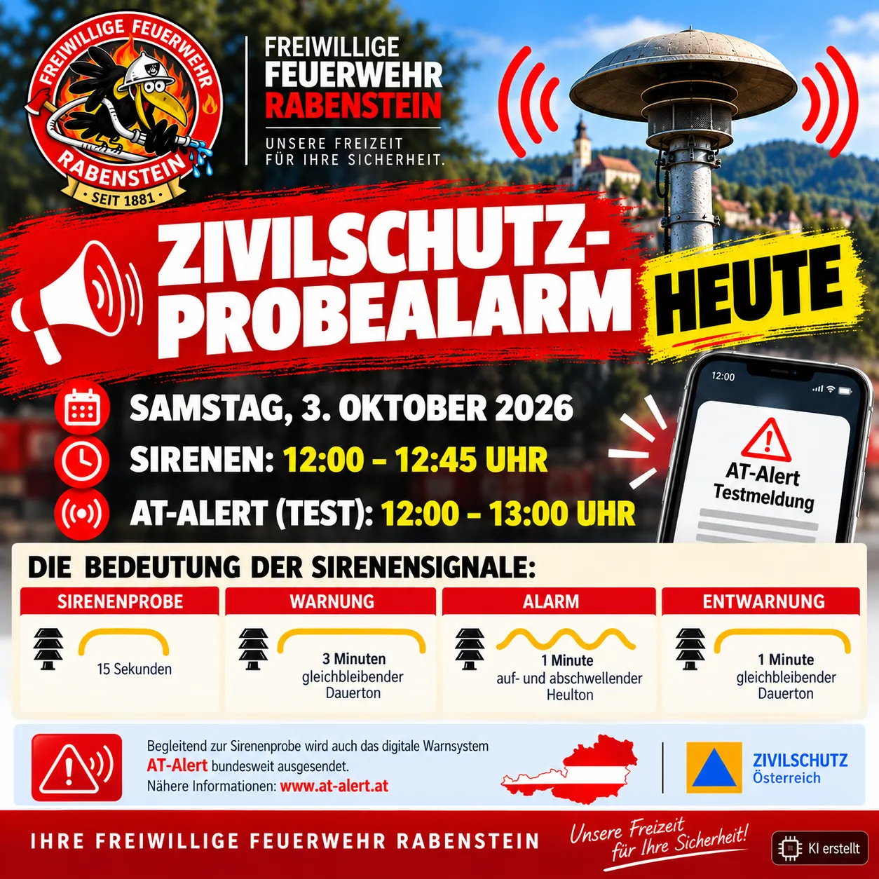 Ein Plakat für einen Zivilschutz-Probealarm der Freiwilligen Feuerwehr Rabenstein, geplant für Samstag, 3. Oktober 2026. Das Plakat enthält Informationen über die Sirenentestzeiten, die Bedeutung der Sirenensignale und eine Warnung vor dem digitalen Warnsystem.