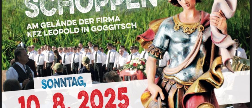Plakat für eine Veranstaltung namens Frueh Schoppen. Das Plakat zeigt eine Statue einer Person in antiker Kleidung, eine Gruppe von Menschen in weißen Uniformen und einen Grashintergrund. Die Veranstaltung findet am 10. August 2025 statt, mit einem Programm, das um 9:30 Uhr beginnt.