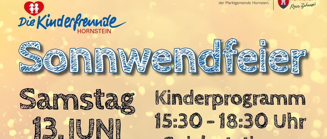Plakat für das Sonnenwendefest. Aktivitäten für Kinder am 13. Juni von 15:30 bis 18:30 Uhr, einschließlich Spiele und eine Süßigkeitenbar. Abendprogramm mit Live-Musik von Peter und Verena um 19:00 Uhr, gefolgt von einem Sonnenwendefeuer um 21:00 Uhr.