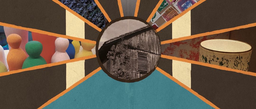 Ein Plakat mit einer Collage verschiedener Bilder und Text. Es zeigt eine Silhouette von Menschen, eine Person in einer grünen Schürze, ein kleines Gebäude und verschiedene bunte Objekte. Der Titel lautet "Gerda Maria Stemmer, Lunch & Lassi".