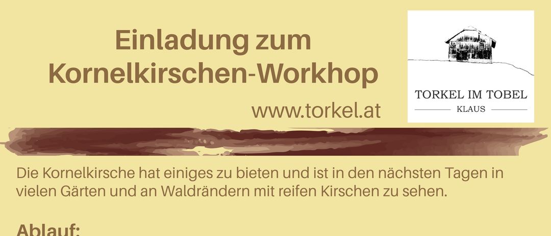 Die Kornelkirsche hat einiges zu bieten und ist in den nächsten Tagen in vielen Gärten und an Waldrändern mit reifen Kirschen zu sehen. Ablauf: Gemeinsames Gelee herstellen, Likör ansetzen (bitte, wer hat: ein großes Glas mitbringen!), Kornelspirit trinken & Gelee probieren, Gemütliches Beisammensein. Alle Workshopteilnehmer erhalten 1 Glas Gelee und ein angesetztes Glas für den Likör (1,7l). Unkostenbeitrag: 25 Euro. Wir freuen uns auch über Gäste, die zum gemütlichen Austausch dazu kommen.