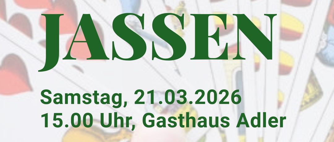 Plakat für eine Kartenspiel-Veranstaltung. Es steht 'Preis-Jass' mit dem Datum 21.03.2026. Der Eintrittspreis beträgt 9 Euro, keine Taschengebühr, und alle Teilnehmer erhalten einen Preis. Nicht-Spieler sind herzlich willkommen. Das Blockspiel wird als Alternative angeboten.