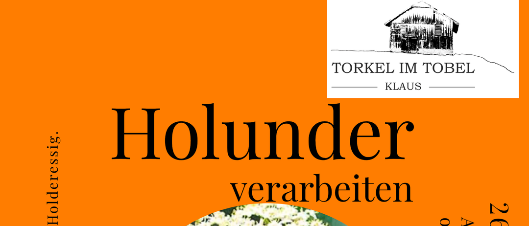 Plakat zur Verarbeitung von Holunder. Ein Workshop mit Ingrid Markoc, am 26. Mai 2024 von 18:00 bis 22:00 Uhr. Anmeldung per E-Mail oder Telefon. QR-Code für weitere Informationen.