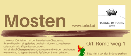 Eine Anzeige für eine Apfelernte-Veranstaltung am Römerweg 1. Es enthält Details zum Ort, Datum und Aktivitäten wie Apfelpflücken, Waschen, Pressen und Abfüllen. Es wird auch der Verkauf von frischem und pasteurisiertem Saft erwähnt.
