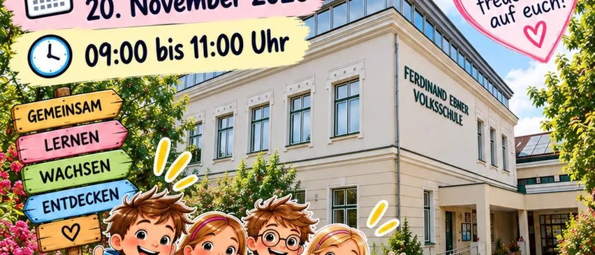 Ein buntes Plakat für den Tag der offenen Tür an der Volksschule Gablitz am 20. November 2026 von 9:00 bis 11:00 Uhr. Das Plakat zeigt eine Gruppe lächelnder Kinder vor dem Schulgebäude, mit Text auf Deutsch und Englisch, und Illustrationen von Cupcakes, Brezen und anderen Leckereien.