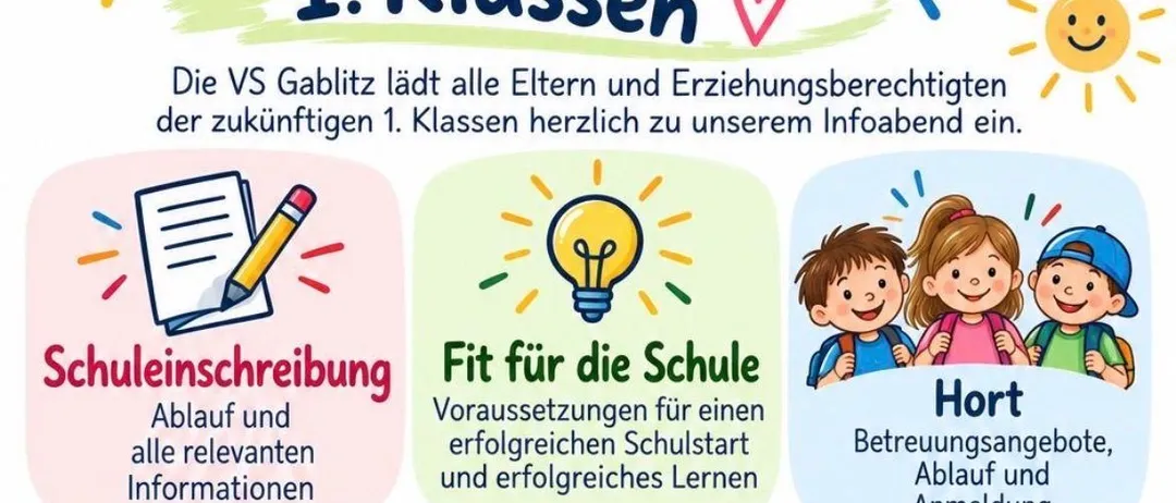 Ein Informationsposter für die Ferdinand Ebner Volksschule Gablitz. Es zeigt ein Gebäude, eine Familie und Kinder. Es enthält Details zu einer Informationsveranstaltung zur Schulanmeldung, Fitness für die Schule und einem Vortrag von Mag. Sabine Hekele-Strasser.