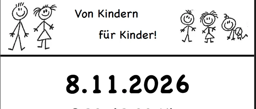 Ein Plakat für einen Flohmarkt für Kinder. Der Titel lautet 'KINDER FLOHMARKT'. Unter dem Titel sind Strichmännchen-Zeichnungen von Kindern zu sehen. Das Ereignis ist für den 8. November 2026 von 8:30 Uhr bis 13:00 Uhr geplant. Der Veranstaltungsort ist Festhalle Gablitz, Ferdinand-Ebner-Gasse 6.