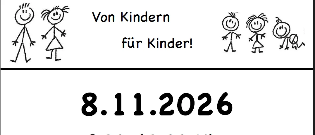 Ein Plakat für einen Flohmarkt für Kinder. Der Titel lautet 'KINDER FLOHMARKT'. Unter dem Titel sind Strichmännchen-Zeichnungen von Kindern zu sehen. Das Ereignis ist für den 8. November 2026 von 8:30 Uhr bis 13:00 Uhr geplant. Der Veranstaltungsort ist Festhalle Gablitz, Ferdinand-Ebner-Gasse 6.