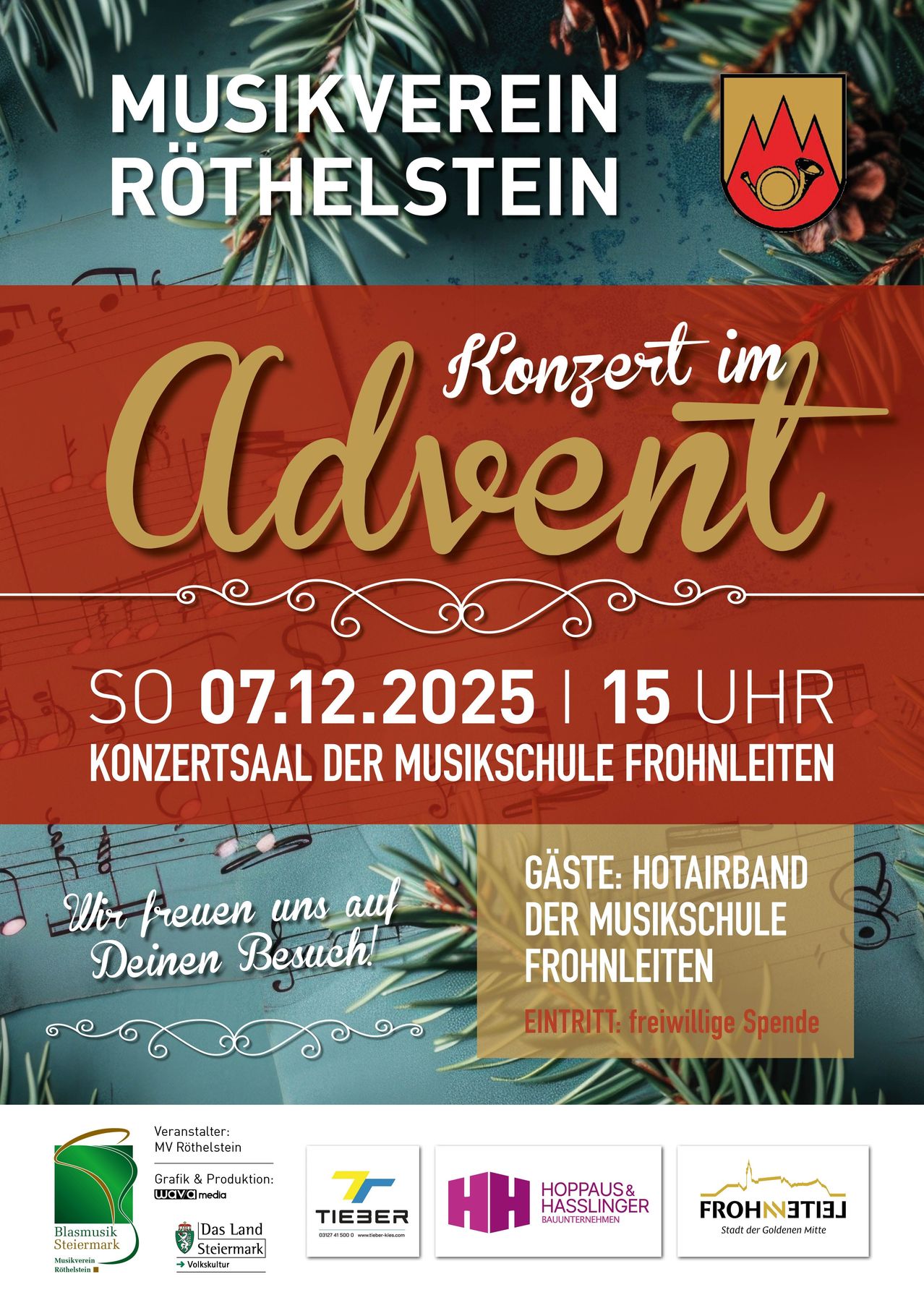 An advertisement for a concert during Advent on December 7, 2025, at 3 PM in the concert hall of the music school in Frohnleiten. It invites the audience and mentions a guest band from the music school with voluntary donations for entry.