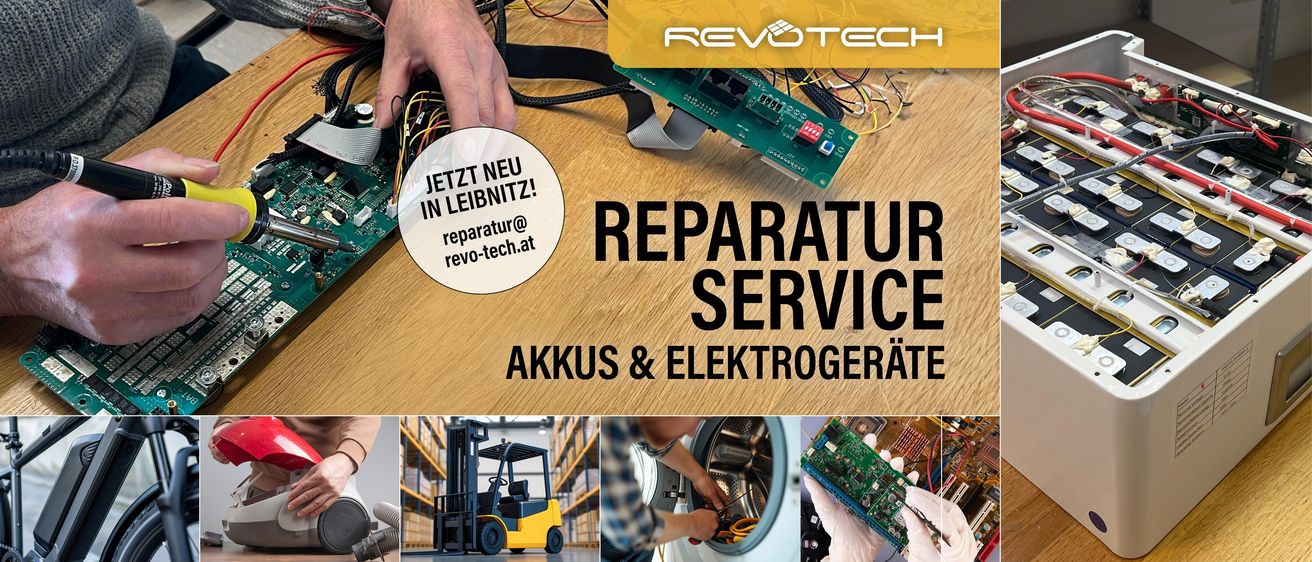 Eine Werbung für ReVo Tech mit einer Reparatur und Service für elektronische Schaltkreise und elektrische Geräte. Darunter ein Gabelstapler, eine Person, die eine Waschmaschine repariert, und eine Person, die eine elektronische Schaltung behandelt.