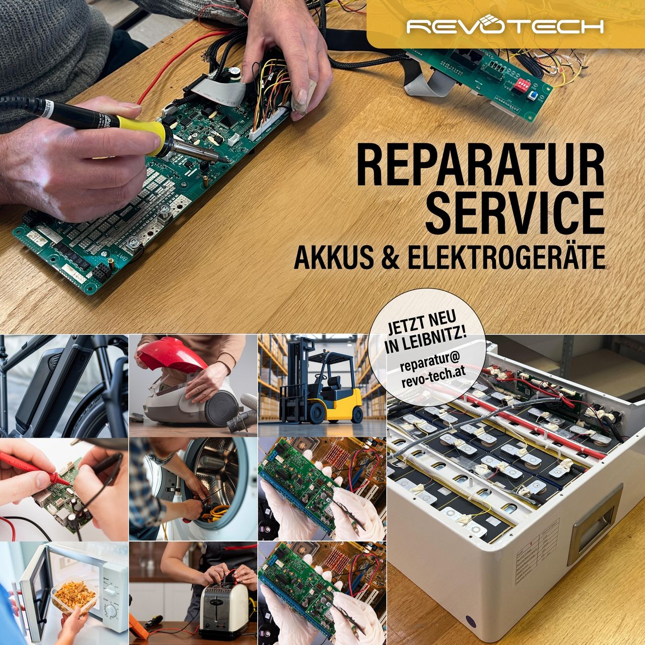 Eine Werbung für Reparaturservices, die verschiedene elektronische Geräte bei der Reparatur zeigt, mit Text auf Deutsch oben, der 'Reparatur Service Akkus & Elektrogeräte' lautet.