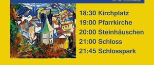 Plakat für die Kunst Mond Nacht Veranstaltung. Es hat einen gelben Hintergrund, blauen Text und ein Bild einer Stadt mit einem Turm. Der Zeitplan enthält Zeiten an verschiedenen Orten, beginnend um 18:30 am Kirchplatz. Das Datum ist der 28. Mai 2025.