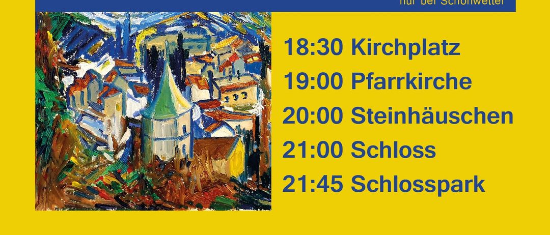 Plakat für die Kunst Mond Nacht Veranstaltung. Es hat einen gelben Hintergrund, blauen Text und ein Bild einer Stadt mit einem Turm. Der Zeitplan enthält Zeiten an verschiedenen Orten, beginnend um 18:30 am Kirchplatz. Das Datum ist der 28. Mai 2025.