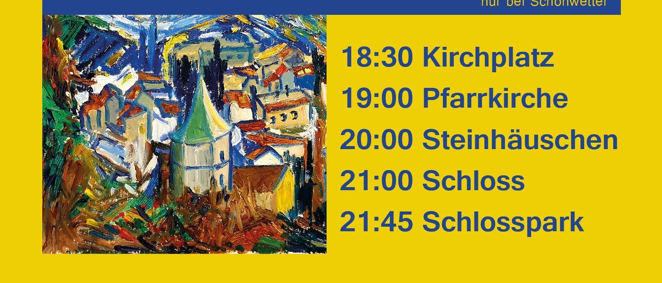 Plakat für die Kunst Mond Nacht Veranstaltung. Es hat einen gelben Hintergrund, blauen Text und ein Bild einer Stadt mit einem Turm. Der Zeitplan enthält Zeiten an verschiedenen Orten, beginnend um 18:30 am Kirchplatz. Das Datum ist der 28. Mai 2025.