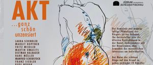 Ein Bild mit einer Zeichnung einer menschlichen Figur in leuchtenden Farben. Der Titel lautet 'AKT ganz schön zensiert'. Oben sind verschiedene Namen aufgelistet. Das Datum lautet 03/03/2026 bis 29/03/2026.