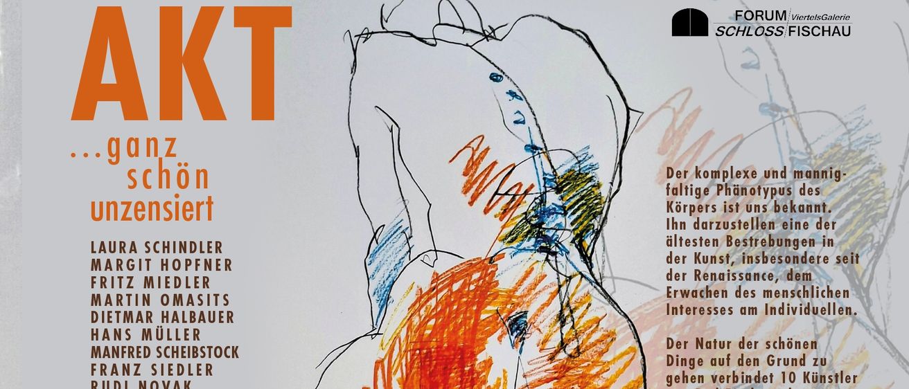 Ein Bild mit einer Zeichnung einer menschlichen Figur in leuchtenden Farben. Der Titel lautet 'AKT ganz schön zensiert'. Oben sind verschiedene Namen aufgelistet. Das Datum lautet 03/03/2026 bis 29/03/2026.