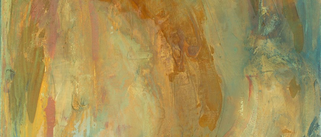 Ein abstraktes Gemälde mit einer dominanten Verwendung von Gelb-, Orange- und Blautönen, die eine warme, lebhafte und etwas chaotische Komposition erzeugen.