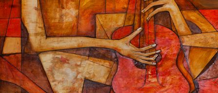 Ein abstraktes Gemälde zeigt eine Person, die sitzt und eine Gitarre spielt. Die Figur ist entspannt, mit Farben vorwiegend in Rot, Braun und Beige. Die Gitarre ist auffällig rot und kontrastiert mit den gedämpften Tönen der Figur.