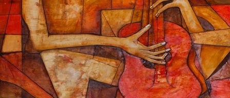 Ein abstraktes Gemälde zeigt eine Figur, die eine Gitarre hält. Die Figur sitzt entspannt und die Gitarre ist prominent dargestellt. Das Gemälde verwendet eine Mischung aus warmen Farben, darunter Rot, Orange und Braun, was eine lebendige und dynamische Komposition ergibt.