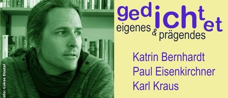 Drei Autoren werden in unterschiedlichen farbigen Hintergründen vorgestellt. Katrin Bernhardt, Paul Eisenkischer und Karl Kraus. Die Bilder haben Wasserzeichen ihrer jeweiligen Fotografen.