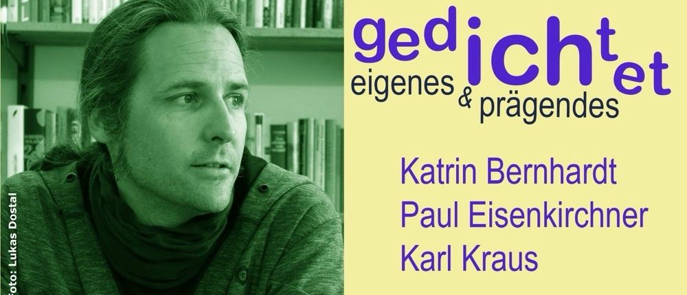 Drei Autoren werden in unterschiedlichen farbigen Hintergründen vorgestellt. Katrin Bernhardt, Paul Eisenkischer und Karl Kraus. Die Bilder haben Wasserzeichen ihrer jeweiligen Fotografen.