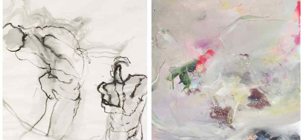 Zwei kontrastierende Kunstwerke; eines ist ein Schwarz-Weiß-Skizzen von zwei Figuren, während das andere ein farbenfrohes abstraktes Gemälde mit verschwommenen Kanten ist.