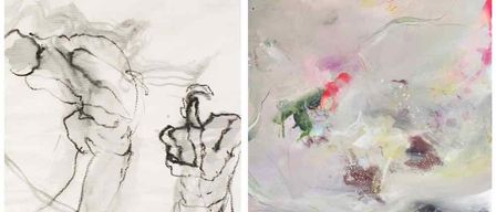 Two contrasting art pieces; one is a black-and-white sketch of two figures, while the other is a colorful abstract painting with blurred edges.