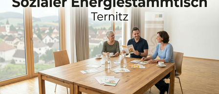 A family discusses energy efficiency at a table with brochures, in a room with large windows showing a scenic view.