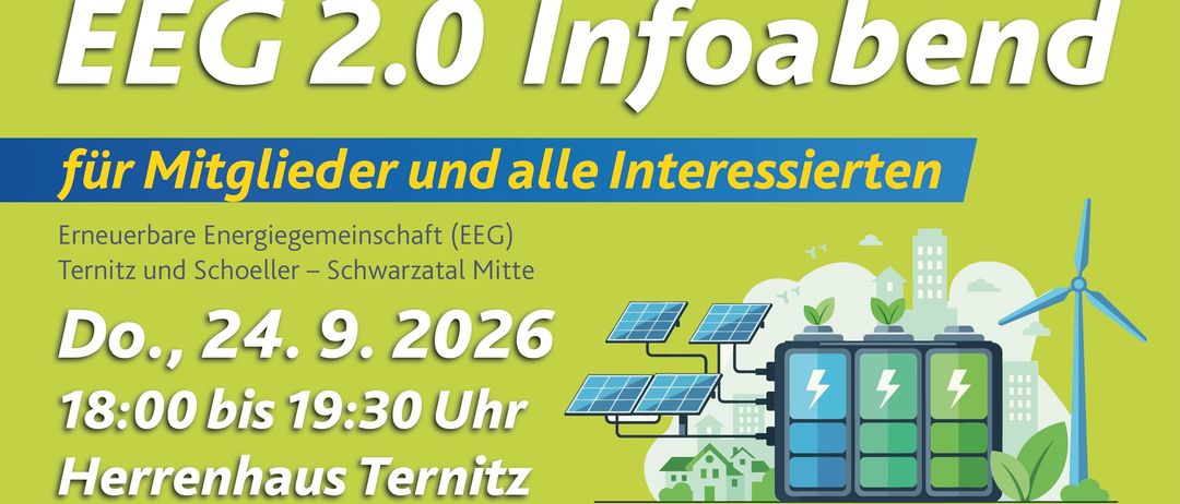 Ein Informationsposter über EEG 2.0 mit Solarpanelen, einem intelligenten Speichersystem und einem Haus. Es lädt Mitglieder und Interessenten zu einer Veranstaltung am 24. September 2026 ein.