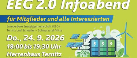 Plakat für EEG 2.0 Infoabend, zeigt Solarmodule, eine intelligente Batterie und ein Haus. Die Veranstaltung ist für Mitglieder und Interessenten der Schoeller-Schwarzatal Mitte, einer Energiegenossenschaft. Datum: 24. September 2026, Zeit: 20 Uhr bis 19:30 Uhr, Ort: Gewächshaus Ternitz.