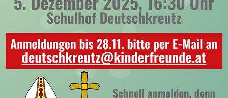Plakat für Nikolaus-Event am 5. Dezember 2025. Anmeldung bis 28. November per E-Mail. Figur mit Stab. Begrenzte Plätze.