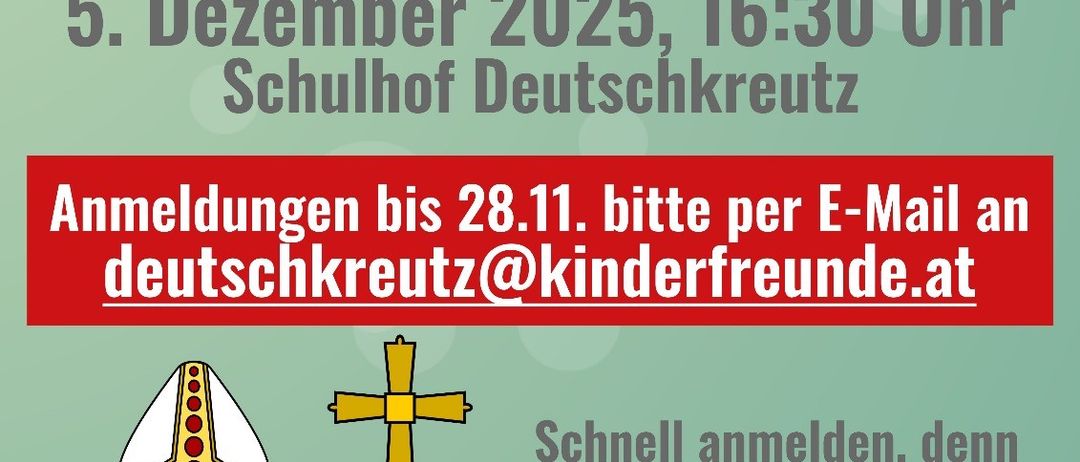 Plakat für Nikolaus-Event am 5. Dezember 2025. Anmeldung bis 28. November per E-Mail. Figur mit Stab. Begrenzte Plätze.