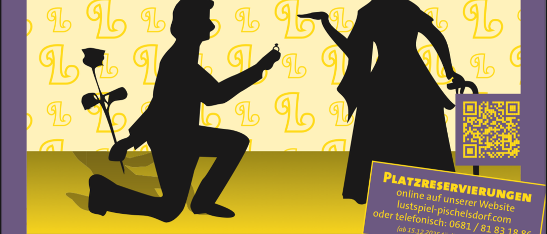 Plakat für das Theaterstück 'Nur Keck' von Johann Nestroy. Es zeigt eine Silhouette eines knienden Mannes, der einer Frau einen Antrag macht. Aufführungsdaten und -zeiten sind aufgeführt.