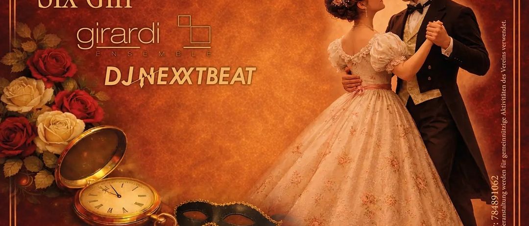 Plakat für einen vintage-thematischen Jubiläumsball am 17. Oktober 2026 mit einem Paar in formeller Kleidung, einer Taschenuhr und einer Maske vor rotem Hintergrund.