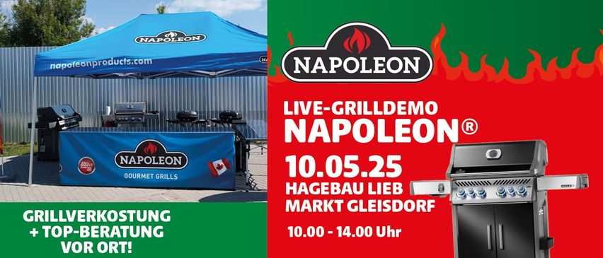 Eine Werbung für eine Live-Grilldemonstration von Napoleon mit einem blauen Zelt mit Grills, einer kanadischen Flagge und einem Napoleon-Banner.