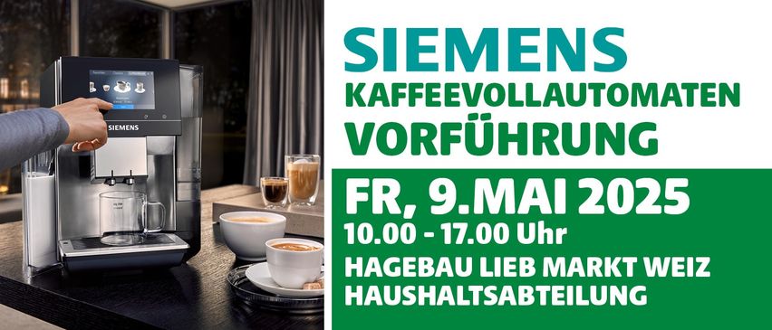 Ein Plakat mit einem Bild von Kaffeetassen und einer Kaffeemaschine. Das Plakat zeigt 'SIEMENS KAFFEEVOLLAUT VORFUHRUNG' und beinhaltet das Datum und die Uhrzeit der Veranstaltung, 'FR, 9. MAI 10.00 - 17.00 Uhr'.
