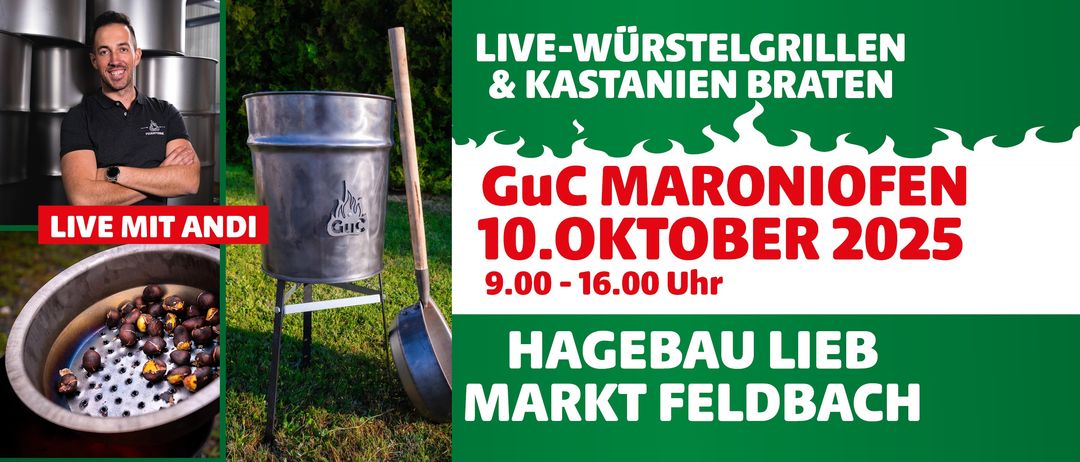 Eine Werbung für das Guc Maroni-Event am 10. Oktober mit einem Grill und Kastanien, mit Veranstaltungszeiten von 9:00 bis 16:00 Uhr.
