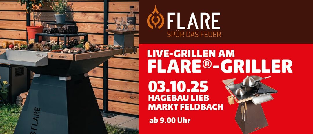 Plakat für FLARE-Grill-Event. Zeigt FLARE-Logo, Datum, Zeit und Ort. Der Grill steht auf einer Holzfläche mit Essen.