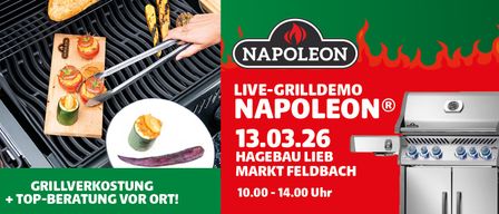 Napoleon-Grill mit Live-Demonstration am 13.03.26 im Hagebau Lieb Markt Feldbach von 10:00 bis 14:00. Gemüse wird gegrillt.