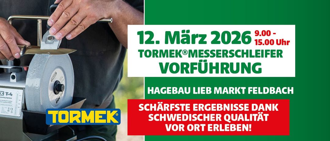 Werbeanzeige für Tormek Schleifsteine mit einem Mann, der ein Messer hält, Datum 12. März 2026 und Text über die schärfsten Ergebnisse schwedischer Qualität.