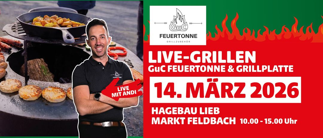 Ein Mann in einem schwarzen Polohemd und einer Uhr steht lächelnd vor einem Grill. Ein roter Pfeil zeigt auf ihn. Das Datum 14. März ist prominent angezeigt. Das Bild zeigt auch ein Logo für Feuertonne.