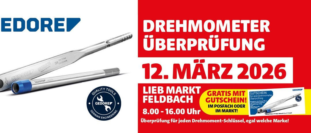 Eine Werbung für eine Werkzeugtest-Veranstaltung am 12. März in Feldbach, die kostenlose Geschenke per Post und am Markt anbietet.