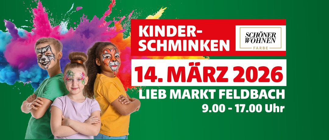 Ein Plakat für Kinder-Schminken am 14. März. Es zeigt ein Kind mit Tiger-Gesichtsbemalung. Die Zeit ist 9:00 Uhr morgens.